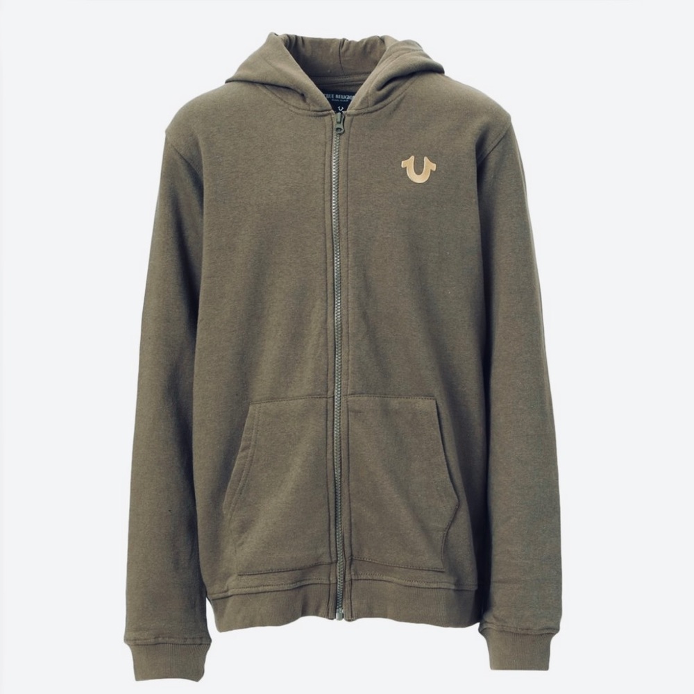 TRUE RELIGION | olive/gold logo zip up hoodie/hooded sweatshirt